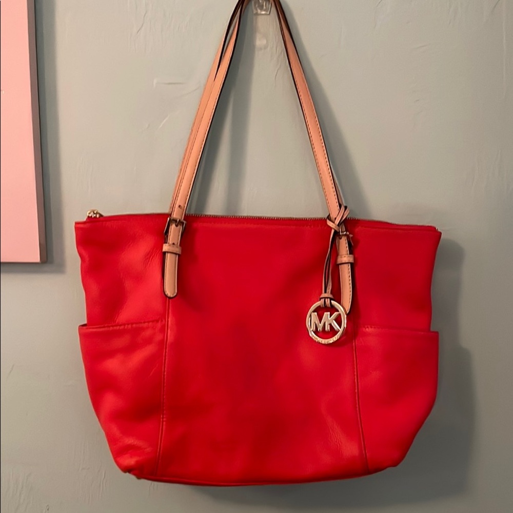 Michael Kors Burnt Orange Tote with Pebbled Leather and Tan Straps